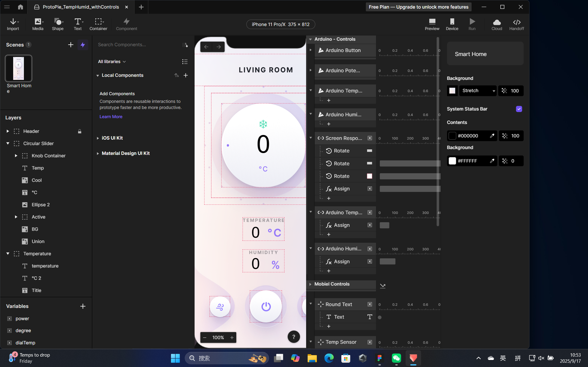 The Smart Home dashboard prototype was built in ProtoPie, featuring a circular temperature dial, humidity display, and control buttons. The dial and text fields were linked to variables receiving real-time sensor data from Arduino through ProtoPie Connect.