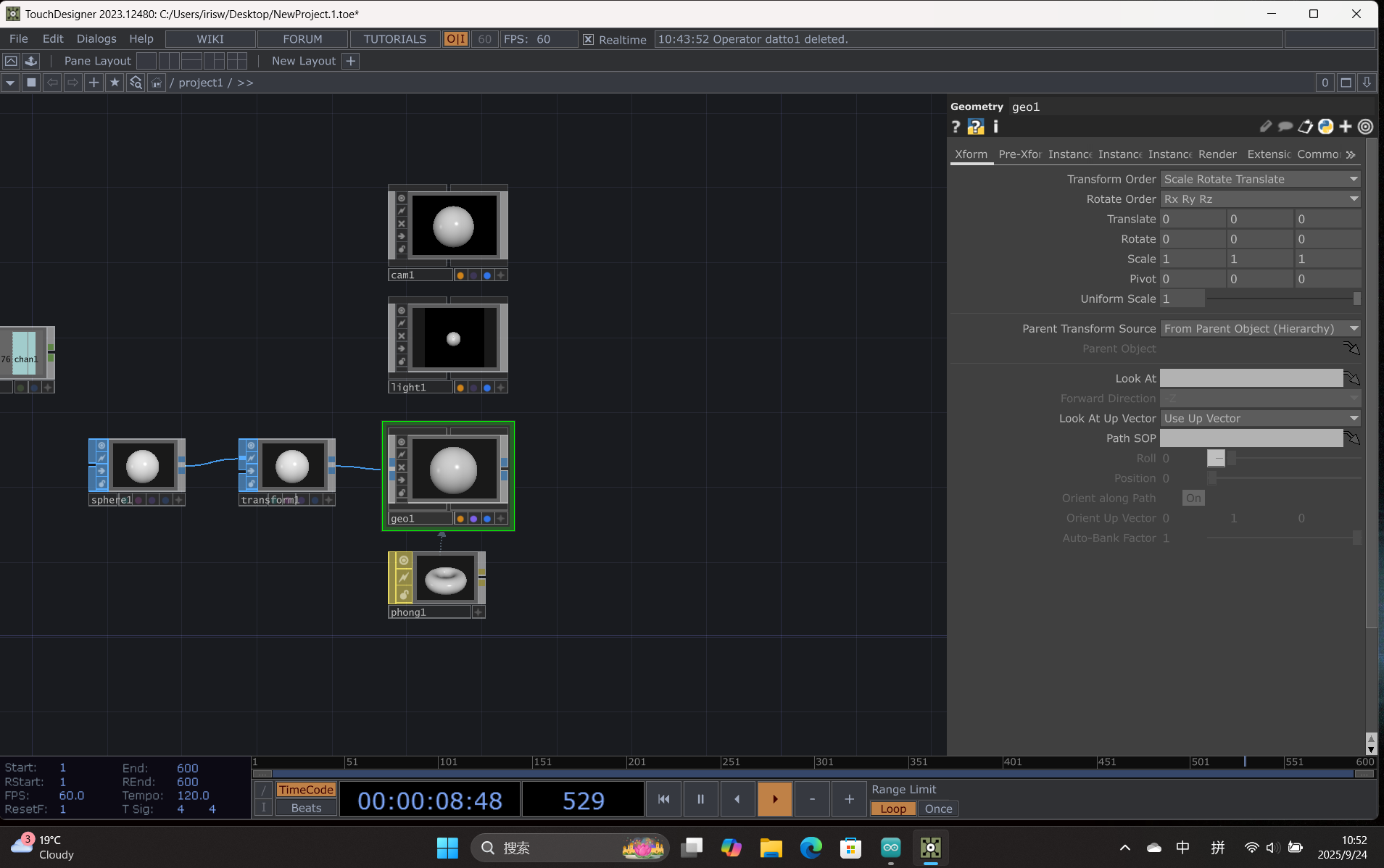 A 3D sphere was created using Geometry (GEO), Light, and Camera operators. The sphere’s parameters were linked to the sensor data stream via CHOP channels.